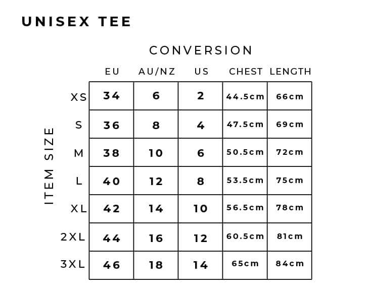 GXL Mens Gorilla Back T-Shirt size conversion chart for unisex tees, showing EU, AU/NZ, US sizes, chest and length measurements.