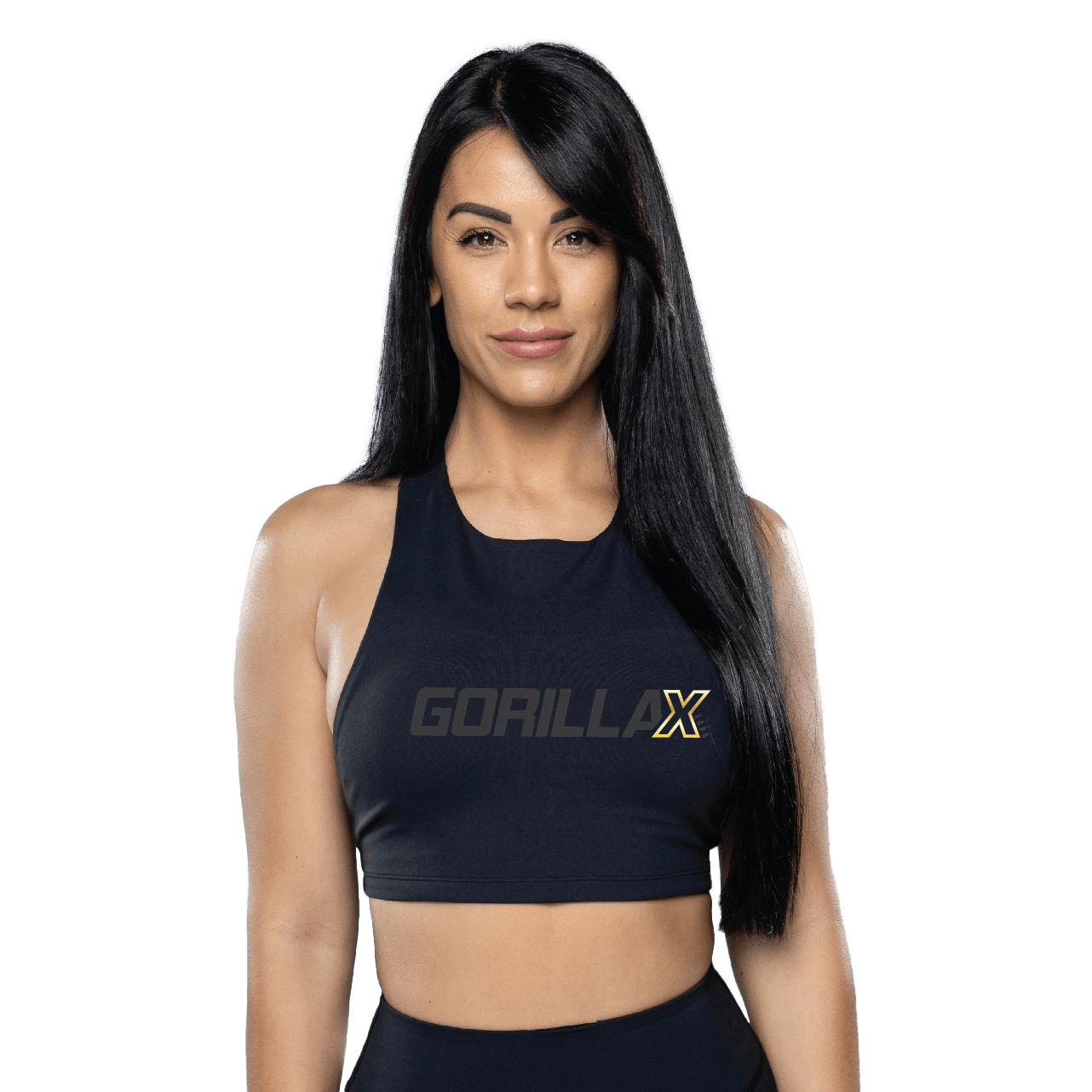 A woman wearing a black sports bra with the logo 'GorillaX' on the front.