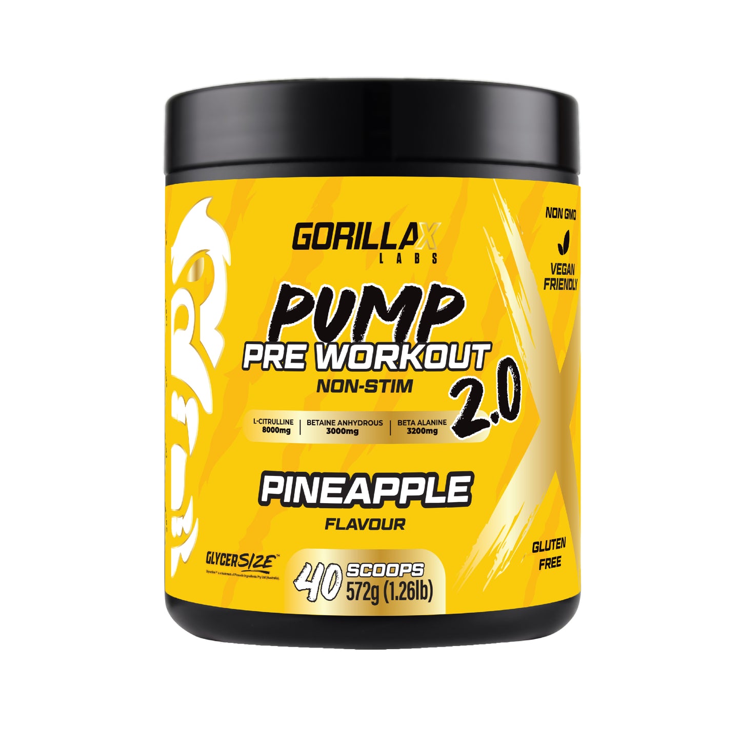Gorilla Labs Pump Pre Workout supplement container with pineapple flavor on a white background