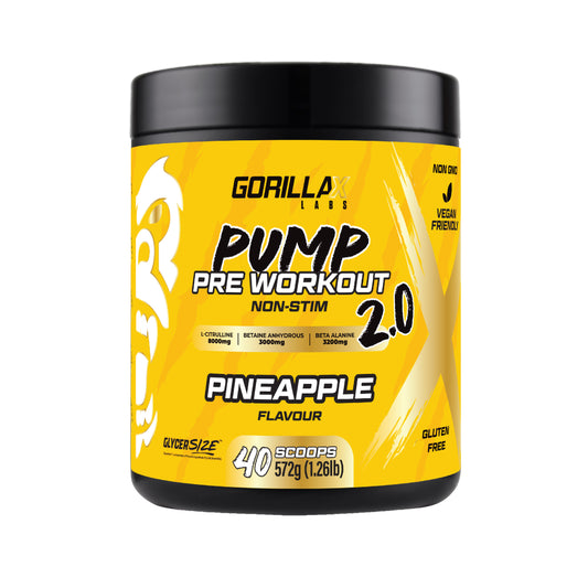 Gorilla Labs Pump Pre Workout supplement container with pineapple flavor on a white background