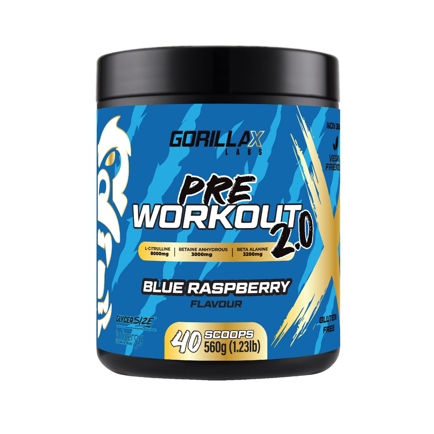 Gorilla X Labs Pre Workout 2.0 supplement container with blue and black design