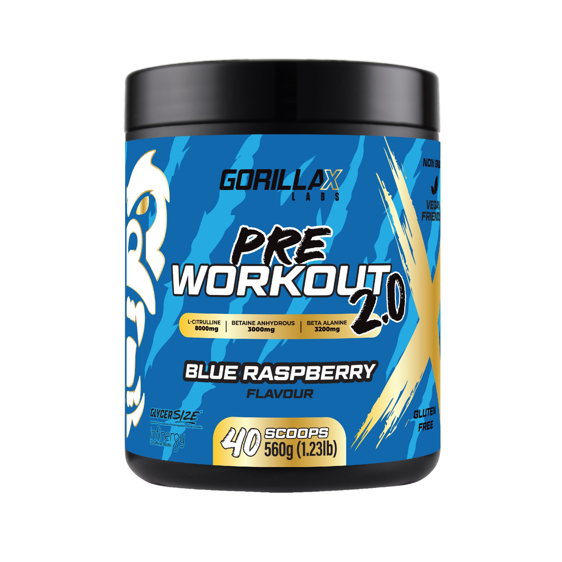 Gorilla X Labs Pre Workout 2.0 supplement container with blue and black design