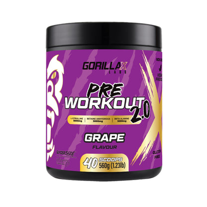 Gorilla X Labs Pre Workout 2.0 supplement container with purple label on a white background