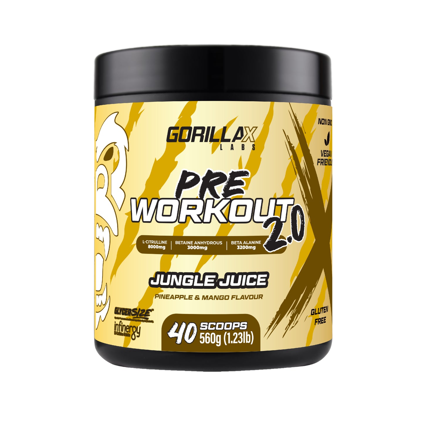 Gorilla X Labs Pre Workout 2.0 supplement container with yellow and black design on a white background