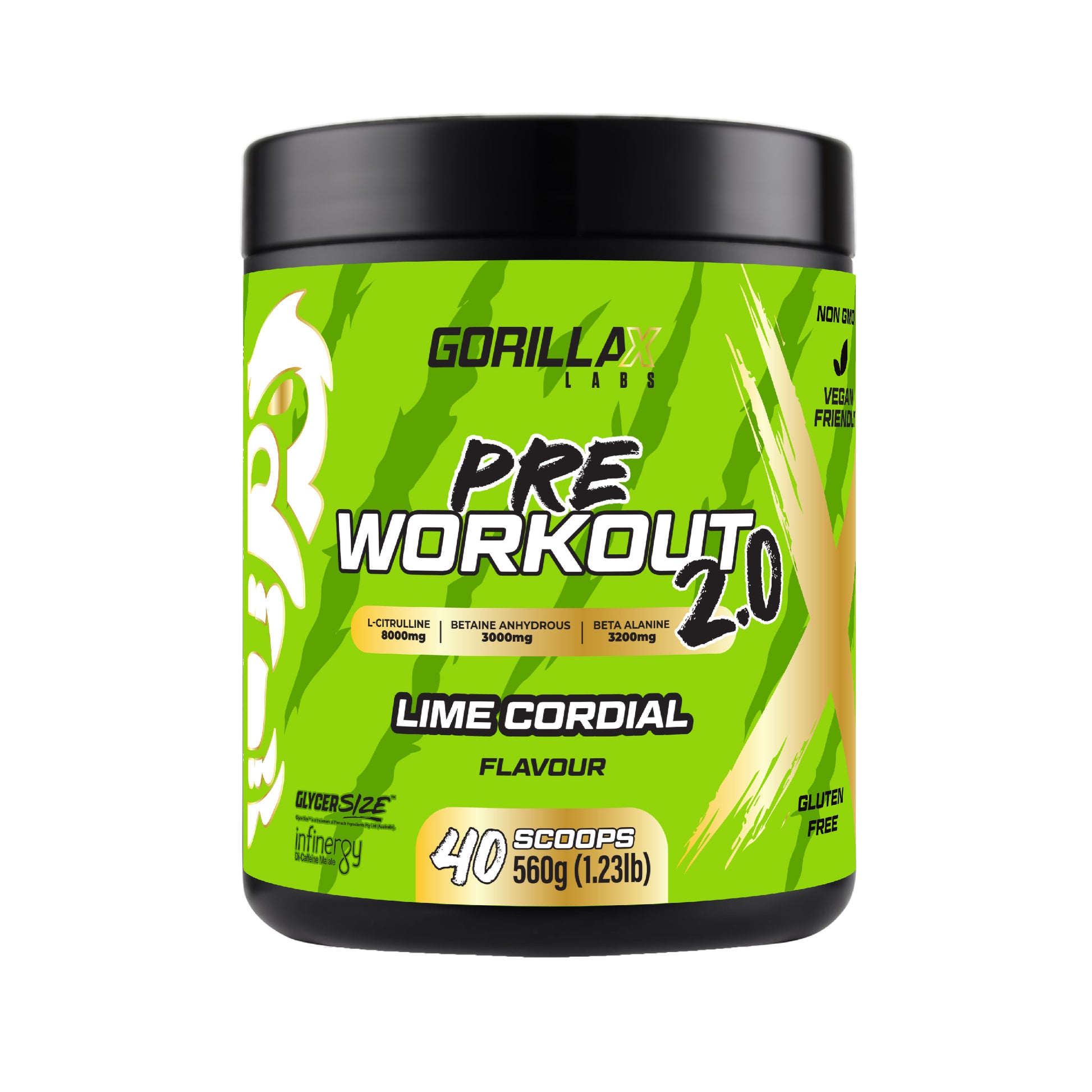 Gorilla X Pre Workout 2.0 supplement container with lime cordial flavor on a white background