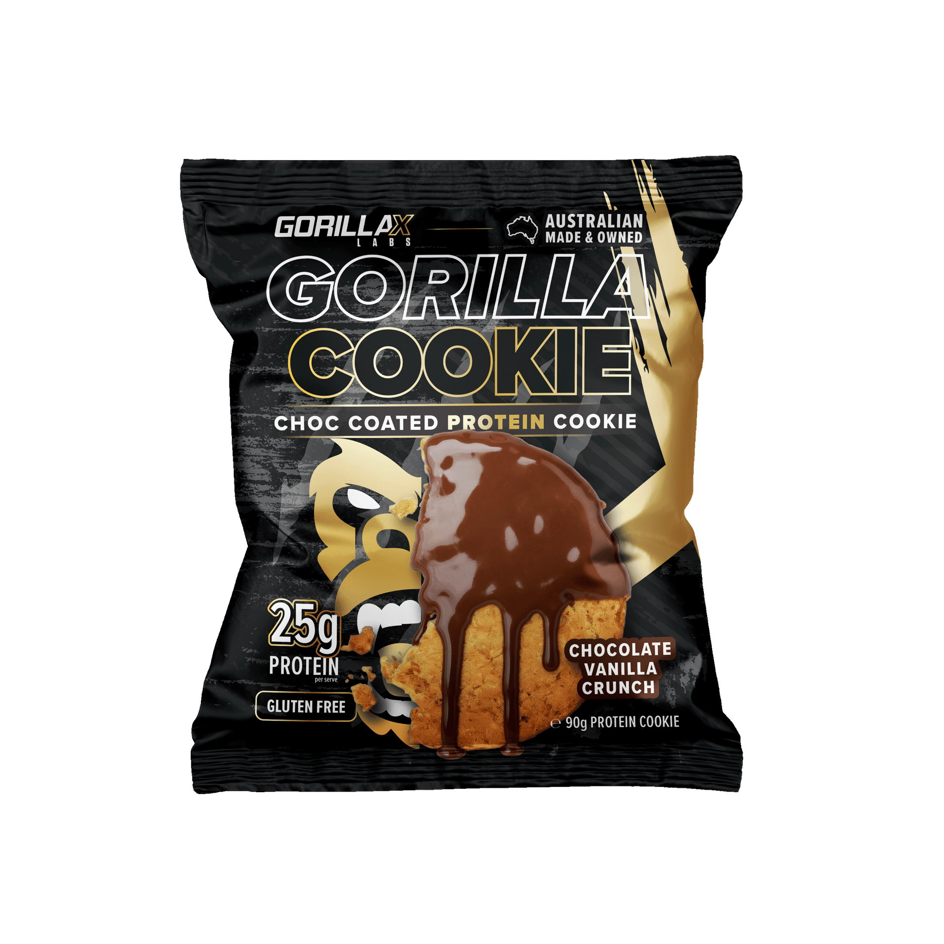 Gorilla Cookie packaging with chocolate coating on a white background
