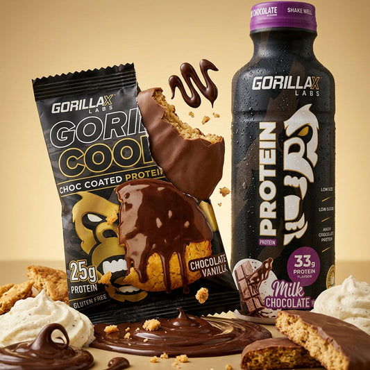 GorillaX protein product with chocolate-coated protein bar and bottle on a beige background