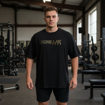 GXL Men’s Oversize Gorilla Back Tee worn by a male model in a gym setting, showcasing a bold and comfortable design.