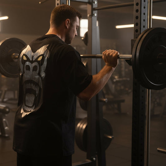 Man lifting weights wearing GXL Men’s Oversize Gorilla Back Tee in a gym setting.