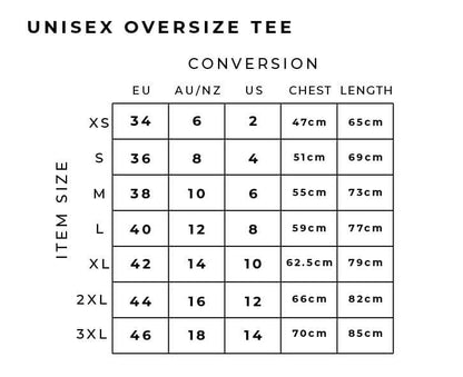 Size chart for GXL Men’s Oversize Gorilla Back Tee showing unisex sizes and measurements.