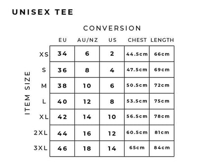 GXL Mens Gorilla Back T-Shirt size conversion chart for unisex tees, showing EU, AU/NZ, US sizes, chest and length measurements.