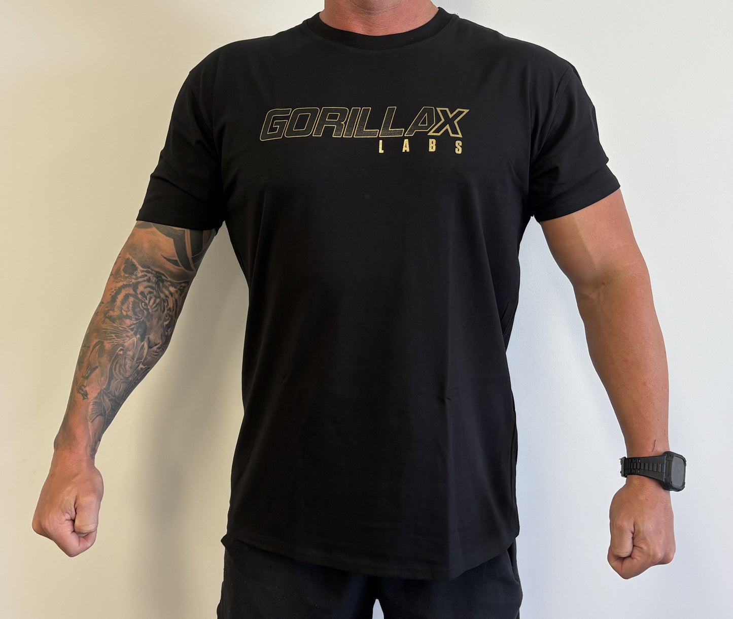 GXL Mens Gorilla Back T-Shirt model showcasing bold design and premium fabric for comfort and style