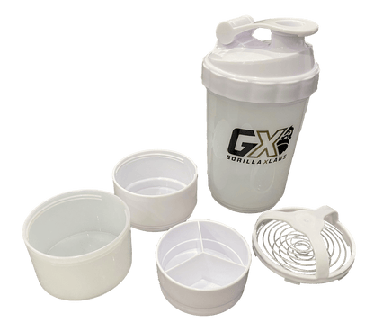 A white, multi-compartment shaker with detachable sections and a blending grid, featuring the Gorilla X Labs logo.