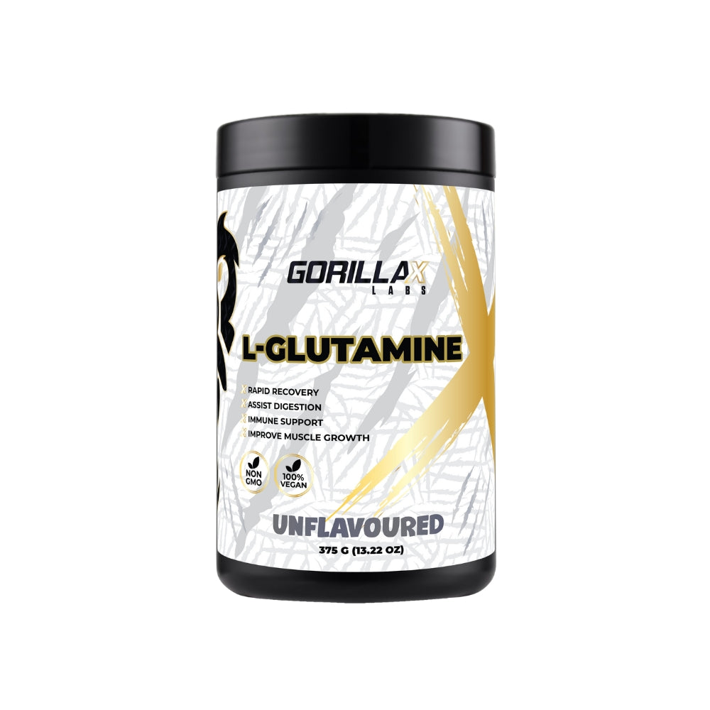 A container of Gorilla X Labs L-Glutamine, unflavored, with 375g labeled, indicating support for recovery, digestion, and immune function.